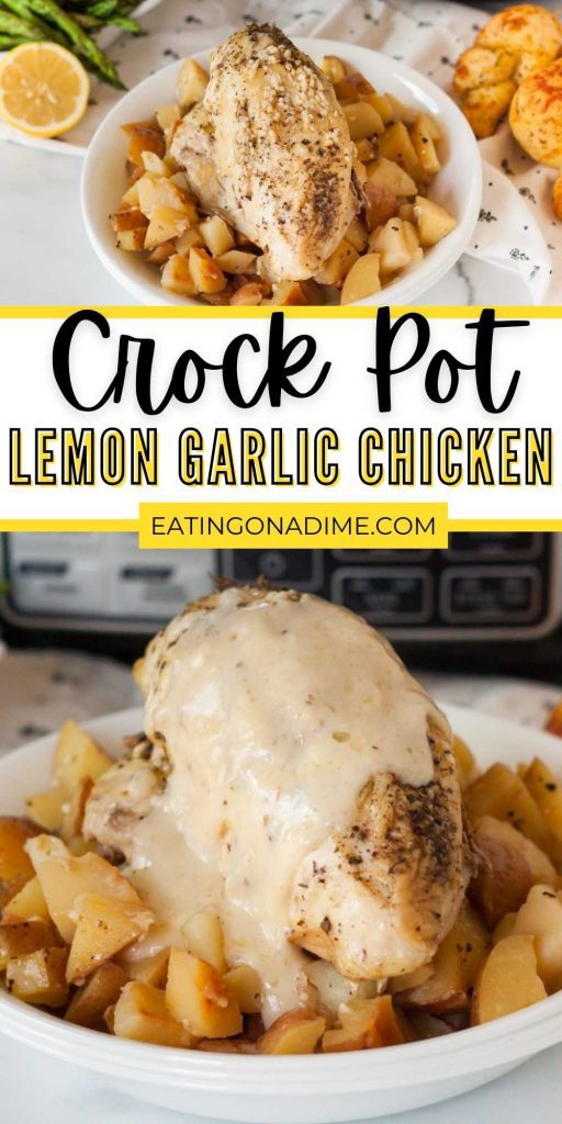 Slow Cooker Lemon Garlic Chicken Recipe is light and creamy with the tasty lemon sauce. Potatoes and Lemon Garlic Chicken combine perfectly. This healthy crock pot lemon garlic chicken is easy to make and packed with tons of flavor too! #eatingonadime #crockpotrecipes #slowcookerrecipes #chickenrecipes 
