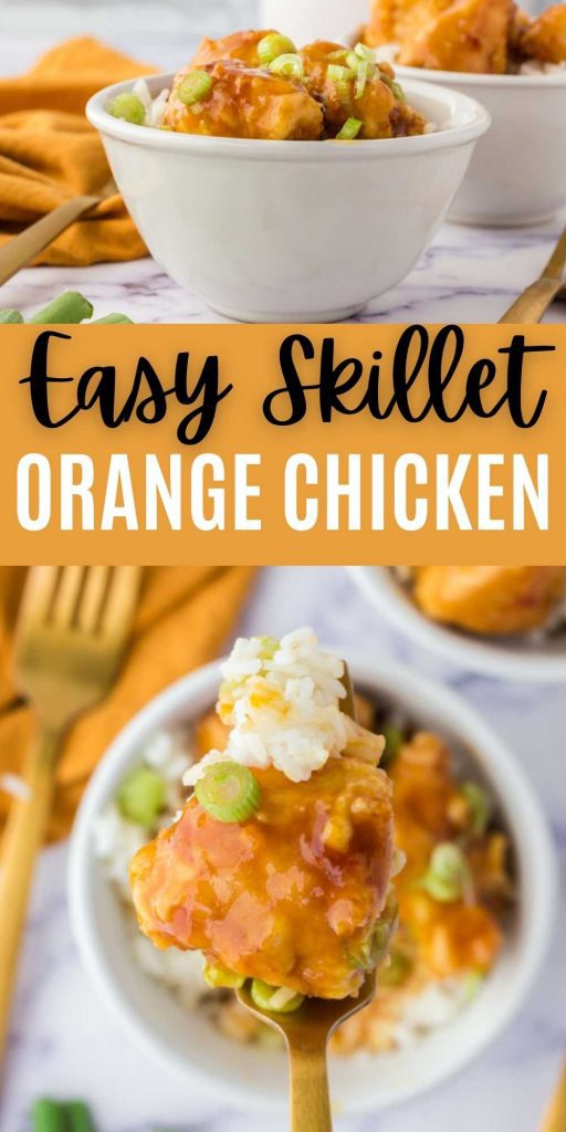 Orange chicken recipe is a skillet meal perfect for busy weeknights. Anytime our family wants take out, I make this instead. Easy dinner idea. This easy orange chicken recipe tastes just like the one from Panda Express and it’s so easy to make at home too!  #eatingonadime #skilletrecipes #chickenrecipes #asianrecipes 
