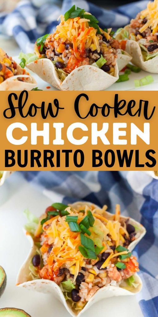 You are going to love this quick Slow Cooker Chicken Burrito Bowl Recipe. This crockpot recipe is easy to put together and taste great. These crock pot chicken burrito bowls are healthy and easy to make in your favorite slow cooker.  #eatingonadime #slowcookerrecipes #crockpotrecipes #chickenrecipes #mexicanrecipes 
