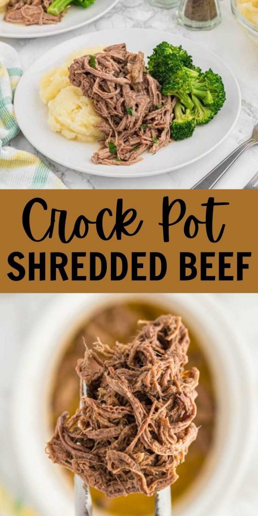 The possibilities are endless with this Crock Pot Shredded Beef Recipe. The slow cooker does all the work and the results are tender beef. This slow cooker shredded beef is perfect for tacos, sandwiches, enchiladas and more!  You’ll love this easy crock pot recipe. #eatingonadime #crockpotrecipes #beefrecipes #slowcookerrecipes 
