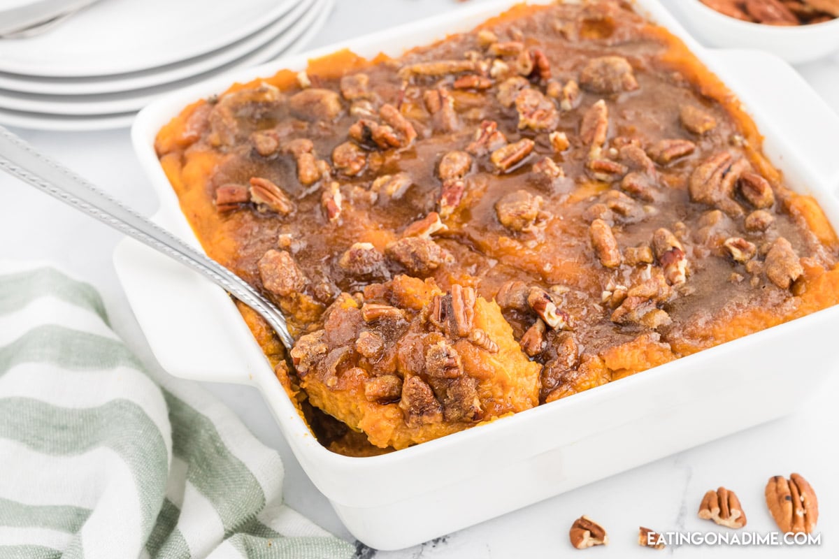 sweet potato casserole in a baking dish