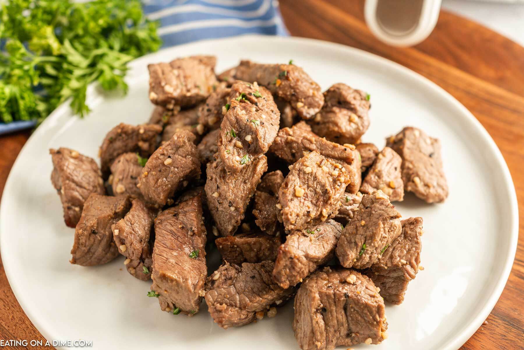 Steak Bites on a white plate