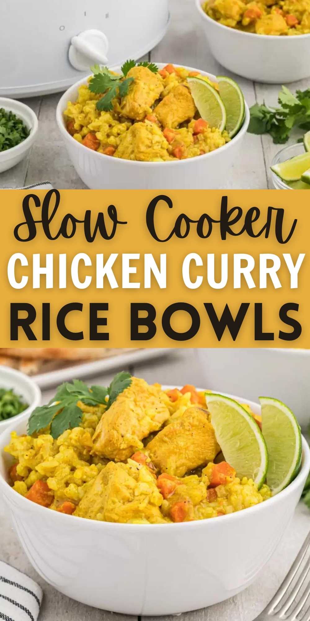 Enjoy all the flavors of chicken curry when you make this Chicken Curry Rice Bowl. Toss everything into the slow cooker and come home to a great dinner. Crock Pot Chicken Curry with Rice is delicious and easy to make in your favorite slow cooker. #eatingonadime #curryrecipes #crockpotrecipes #slowcookerrecipes #chickenrecipes 
