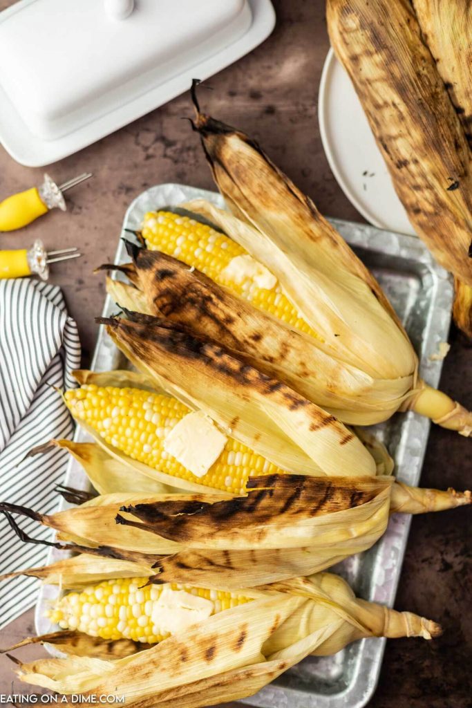 Grilled Corn in the Husk on a tray. 