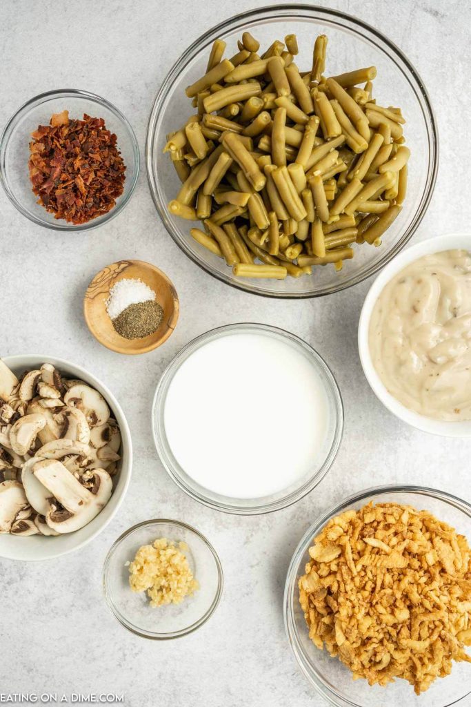 Ingredients needed - green beans, cream of mushroom soup, bacon, mushrooms, garlic, milk, salt and pepper, french fried onions