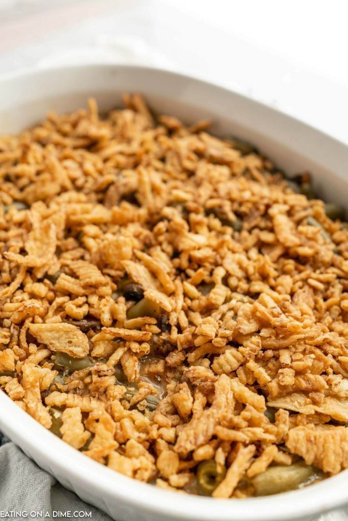 Green Bean Casserole with Bacon in baking dish