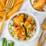 Chicken with rice and green onions in a bowl.