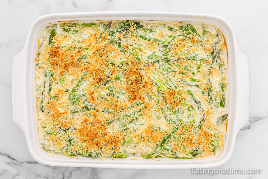 Asparagus casserole in  baking dish. 