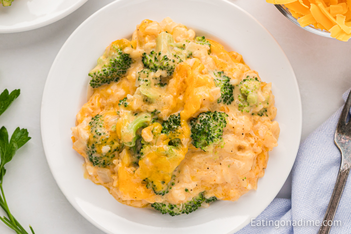 Broccoli and Rice Casserole on a white plate