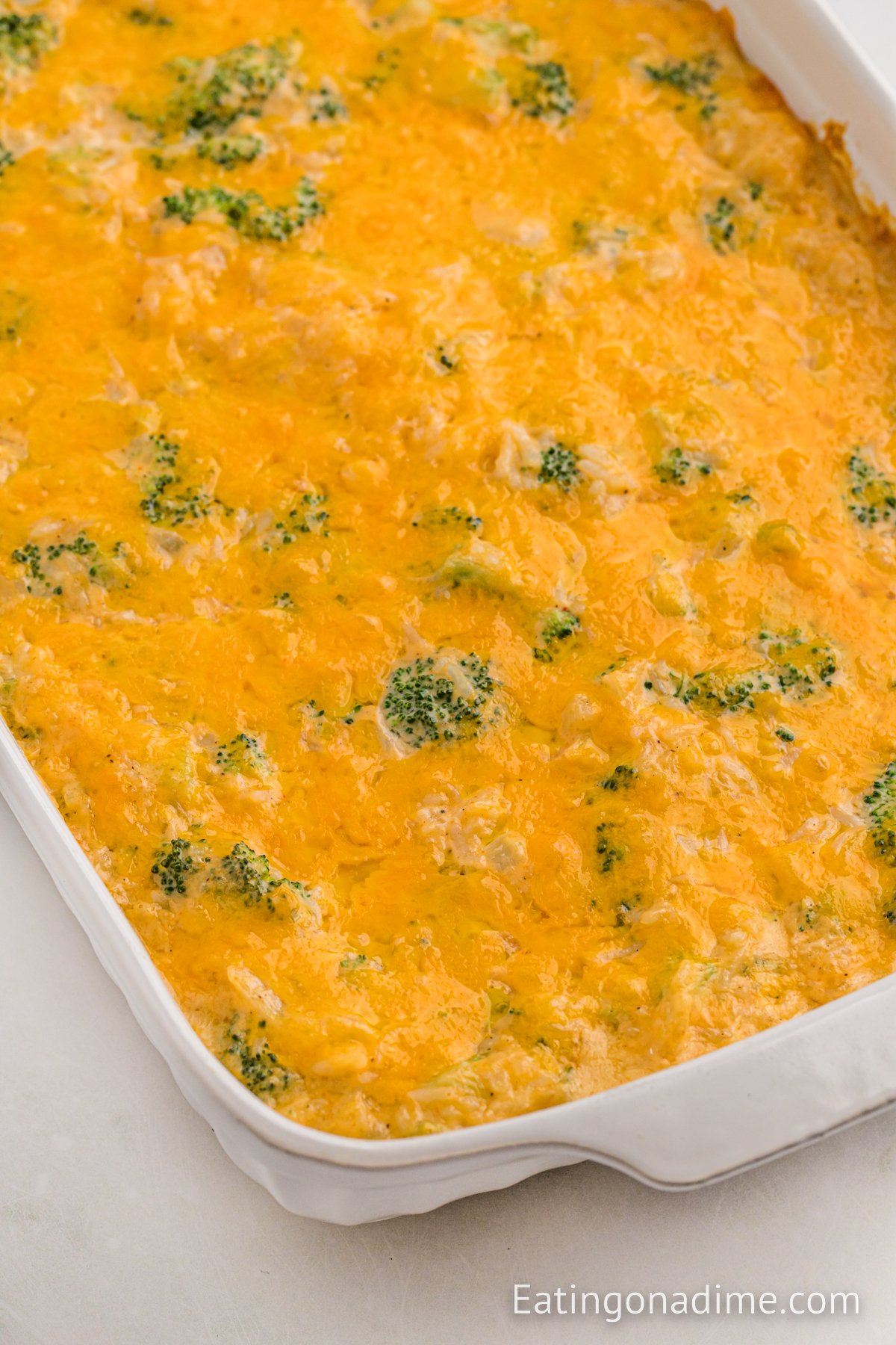Broccoli and rice casserole in a baking dish