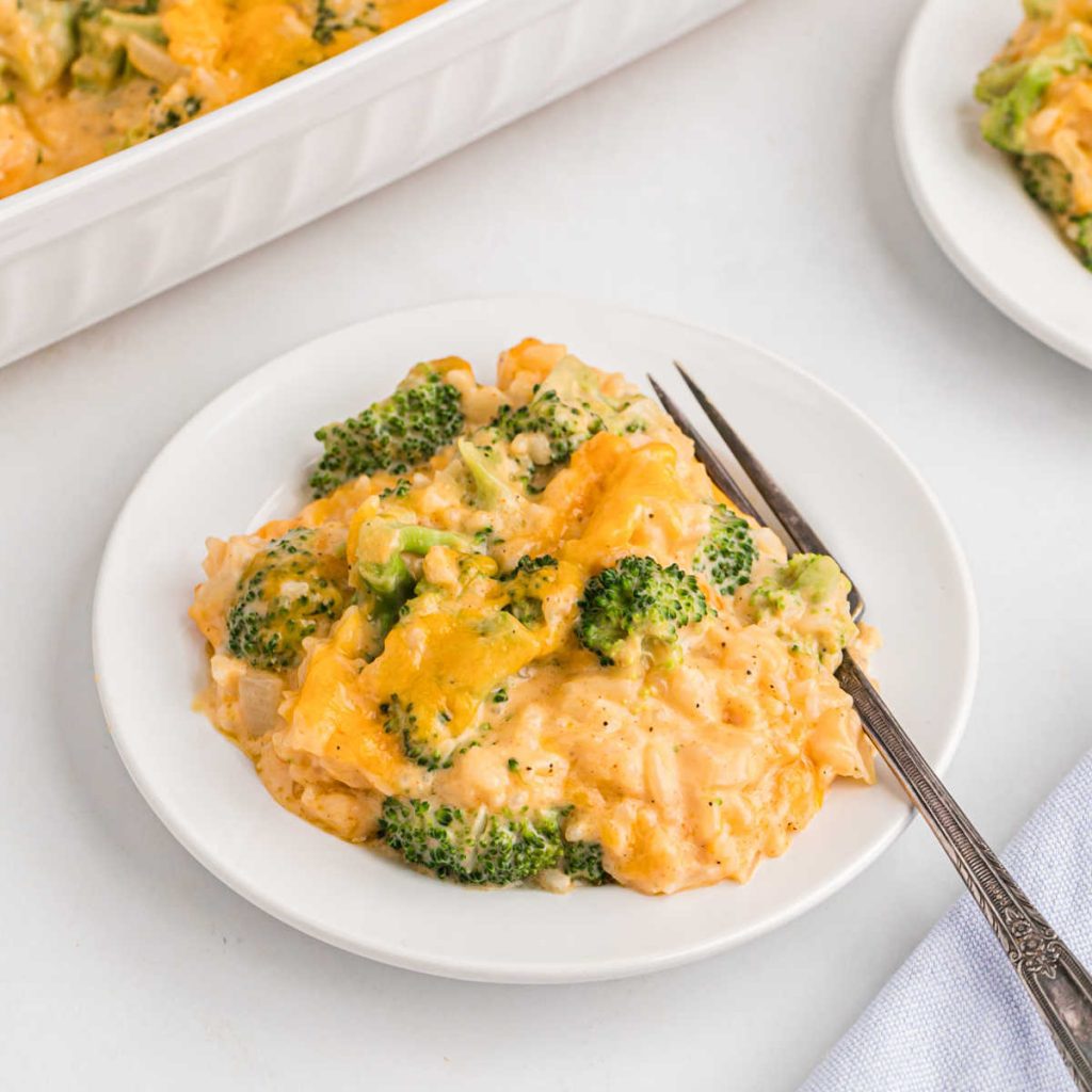 Broccoli and Rice Casserole on a white plate