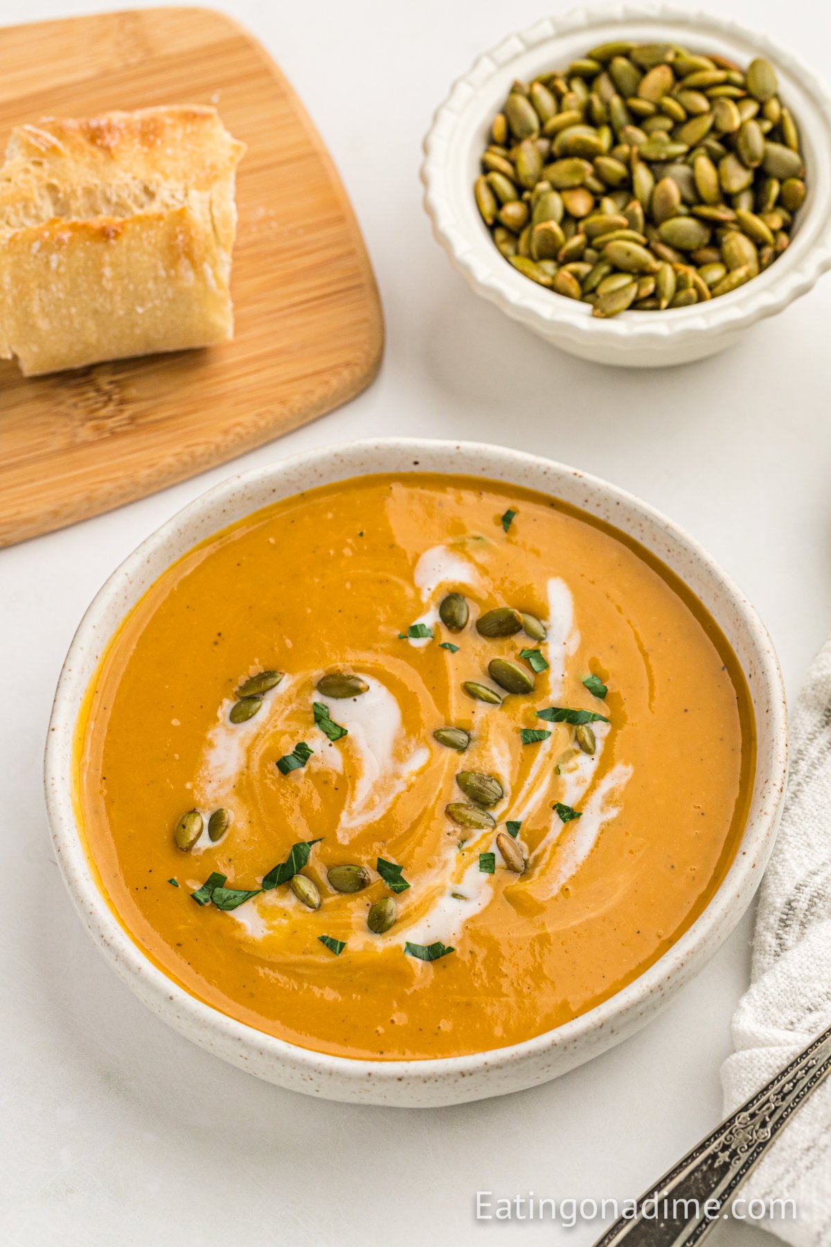 Sweet potato soup in a white bowl