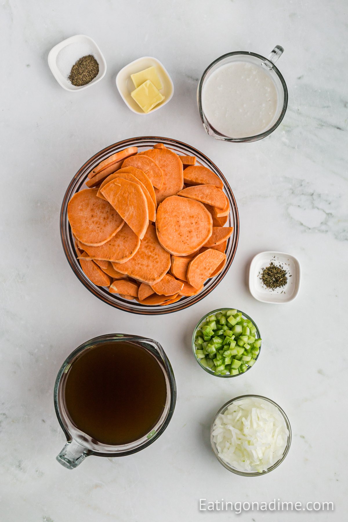 Ingredients needed - sweet potatoes, vegetable broth, butter, celery stalks, onion, salt and pepper, thyme, coconut milk