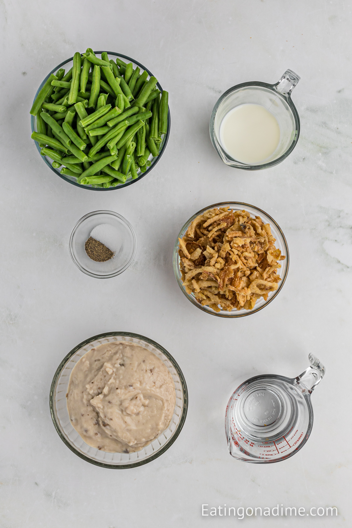 Ingredients needed - green beans, water, cream of mushroom soup, milk, salt and pepper, french fried onions