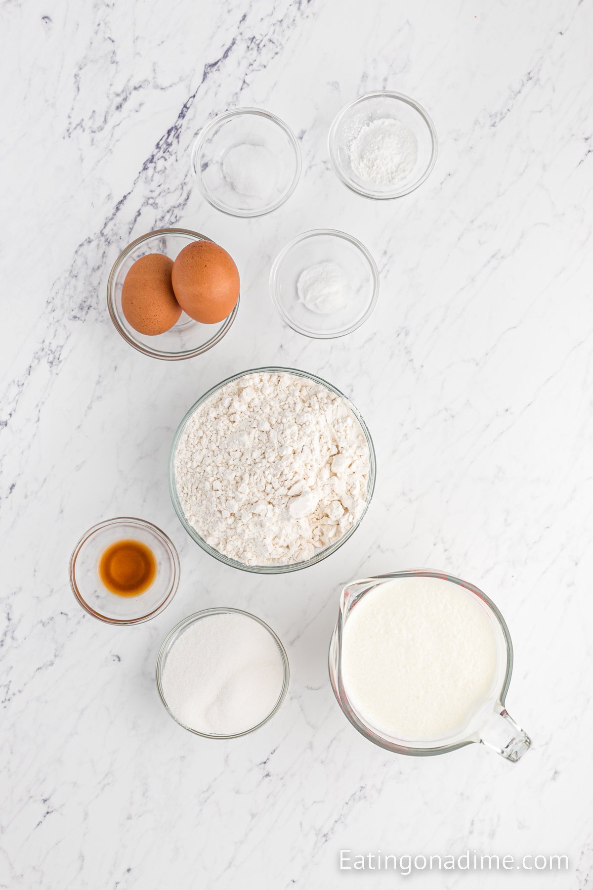 Ingredients needed - flour, baking powder, baking soda, salt, sugar, eggs, heavy cream, vanilla