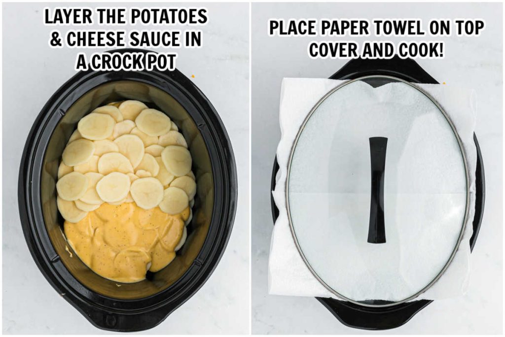 Process photos of layering potatoes and cooking in crock pot. 