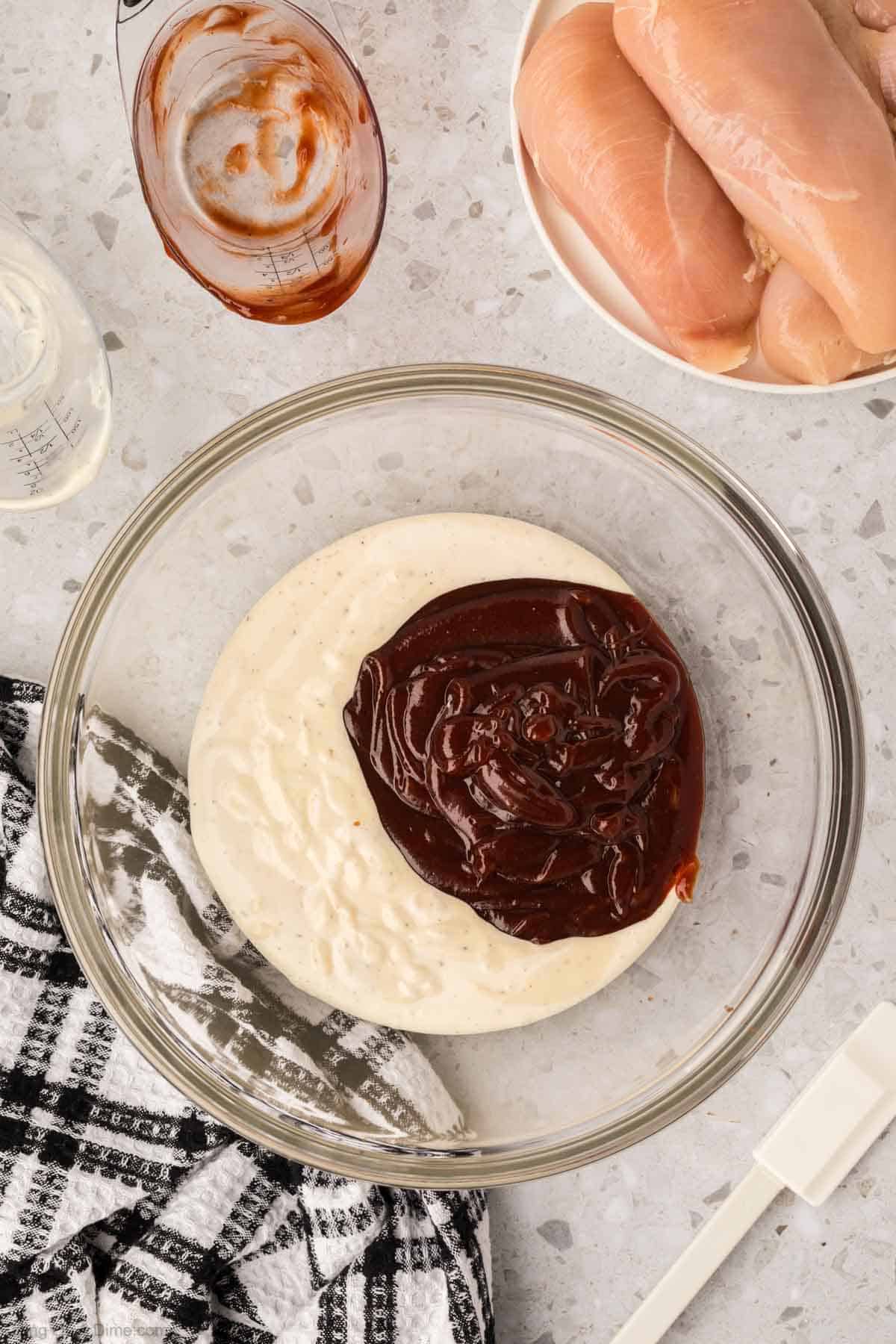 Ranch dressing and BBQ sauce in a bowl