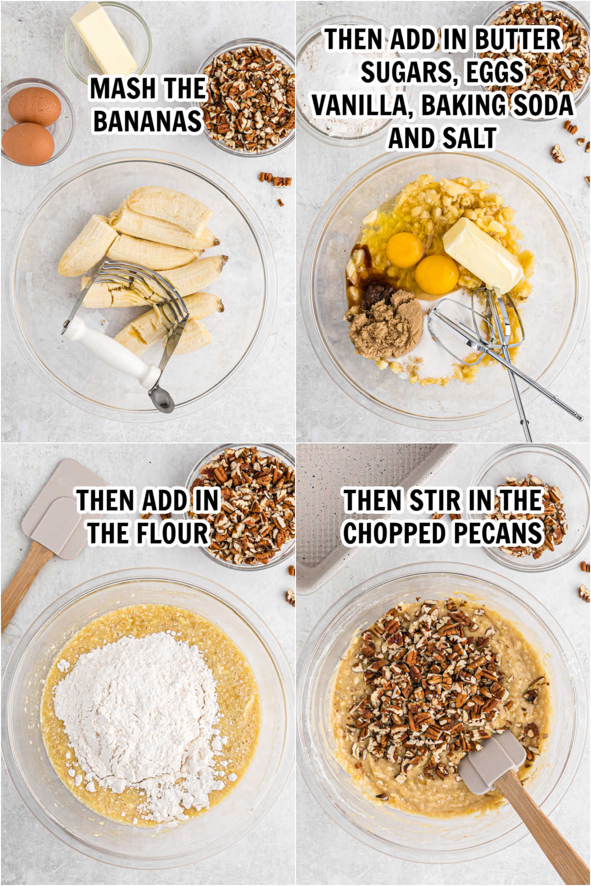 The process of mixing the banana bread ingredients