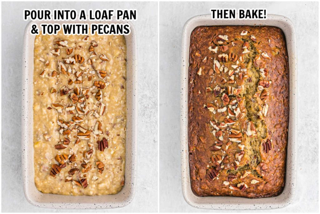 The process of pouring banana bread batter in a loaf pan and baking
