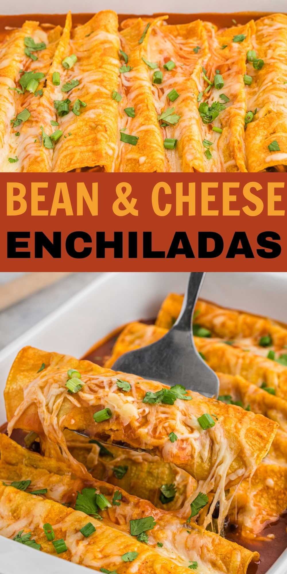 Bean and Cheese Enchiladas make an easy dinner for Mexican night. These delicious vegetarian red sauce enchiladas go from oven to table in 20 minutes. #eatingonadime #vegan #enchiladas