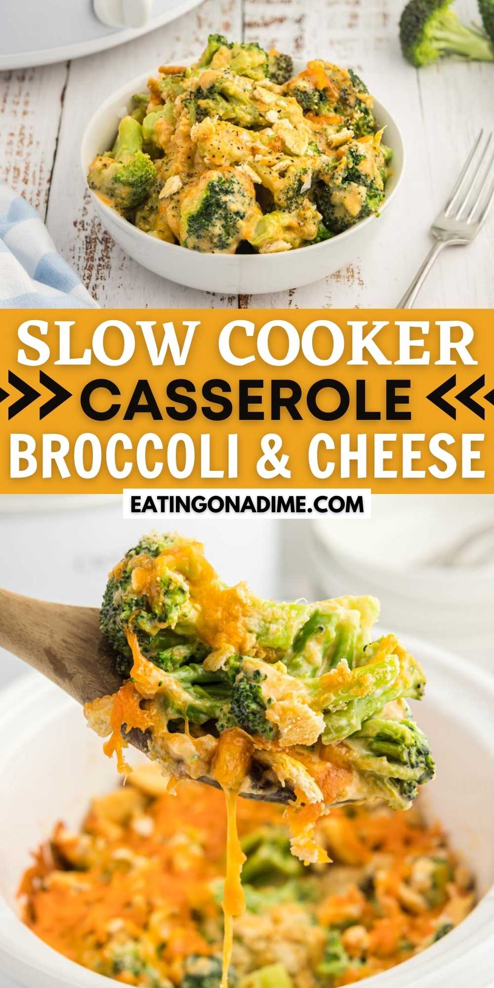 Crockpot Broccoli Cheese Casserole can easily be served as a main dish or a side dish. This casserole is easy to make, creamy and very cheesy. Easy slow cooker side dish recipe. #eatingonadime #broccolicheese #casserolerecipe