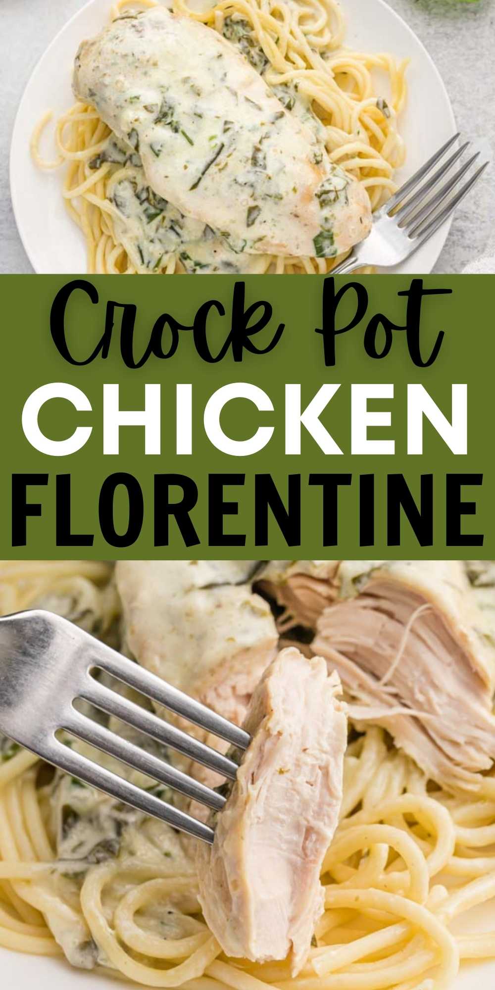 Crock Pot Chicken Florentine Recipe is a delicious dinner idea full of creamy sauce. Cheese, spinach and more make this recipe so tasty. Serve over pasta for an amazing meal. #eatingonadime #chickenflorentine #crockpotrecipes