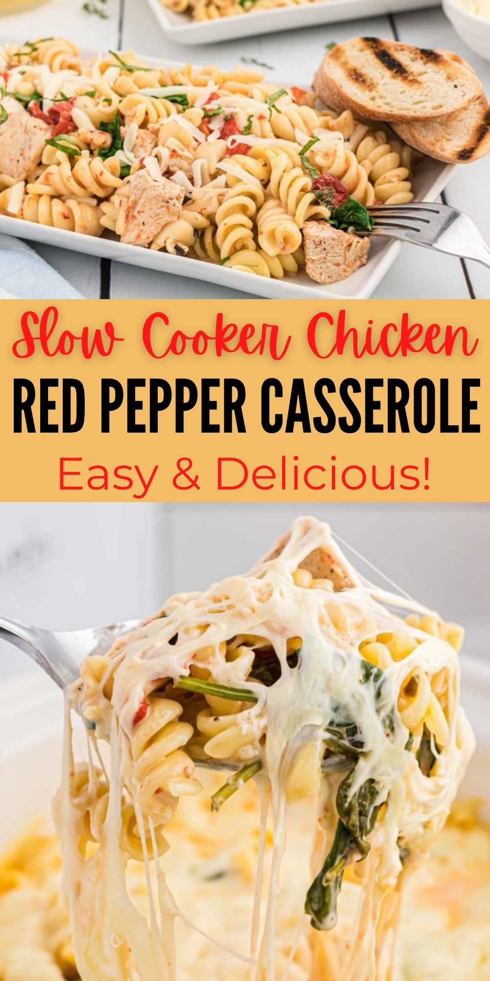 Crock Pot Chicken Red Pepper Casserole is so easy . You will love this creamy red pepper sauce with the chicken and pasta. Easy and delicious casserole recipe. #eatingonadime #crockpotrecipes #redpeppercasserole