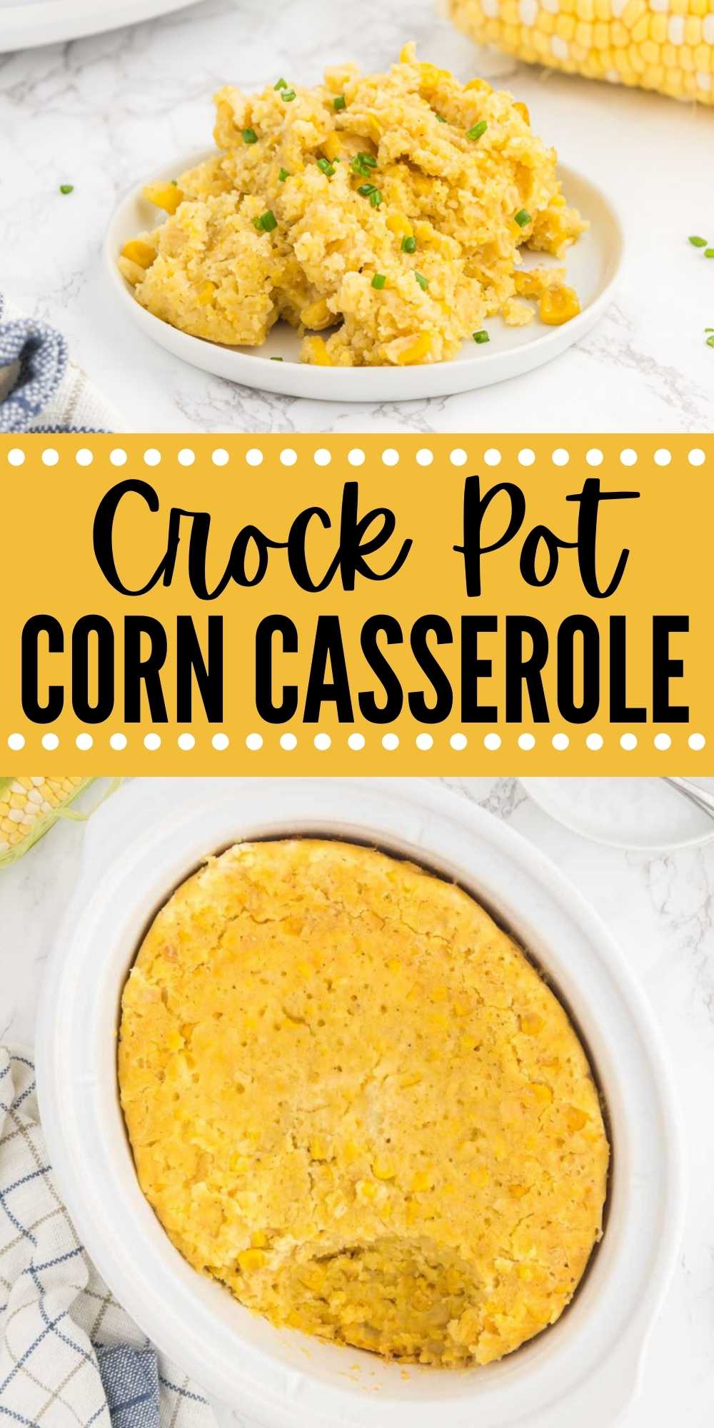Crockpot Corn Casserole is a classic holiday side dish that is made in your slow cooker. Creamy, delicious and lots of sweet corn flavor. Corn Casserole is made with Jiffy cornbread mix and is easy to make. #eatingonadime #jiffycorncasserole #crockpotrecipes