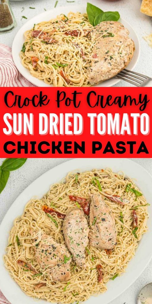 Crockpot Sun Dried Tomato Chicken Pasta is loaded with a rich and creamy sauce full of sun dried tomatoes. Easy to make comfort food all done in your slow cooker. #eatingonadime #sundriedchickenpasta #slowcookerrecipes