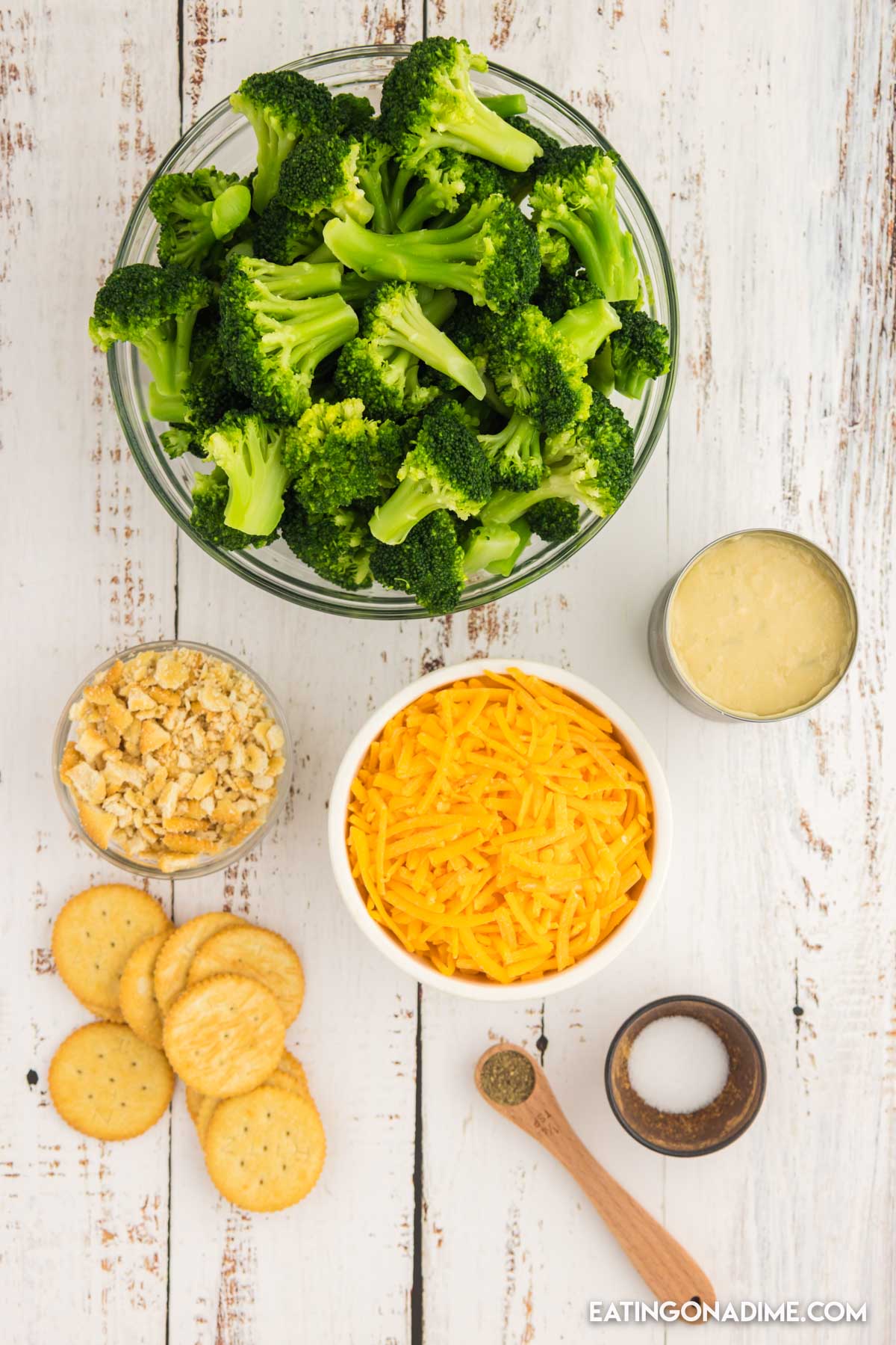 Ingredients needed  - cream of celery soup, sharp cheddar cheese, salt and pepper, frozen broccoli, ritz crackers