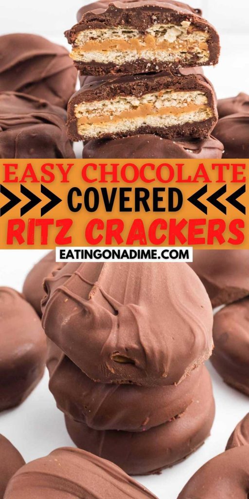 Chocolate Covered Ritz Crackers combines the sweet and salty flavors of chocolate and peanut butter. Easy to make recipe with only 3 Ingredients. Perfect treat for the holidays. #eatingonadime #ritzcrackers #chocolatecovered #holidaydesserts