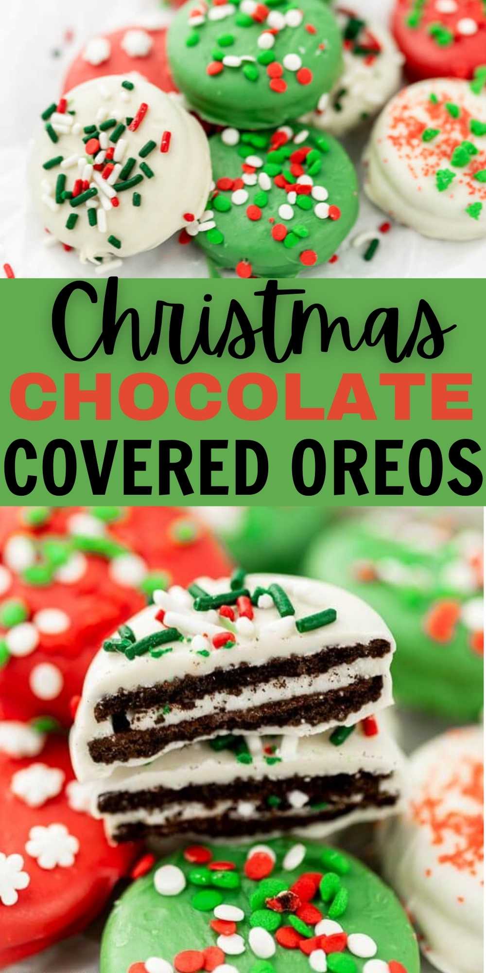 Christmas Oreos are covered in chocolate and then topped with fun Christmas sprinkles. This classic cookie is now a easy decadent treat. Easy to make no bake holiday dessert. #eatingonadime #chocolateoreos #holidaydessert