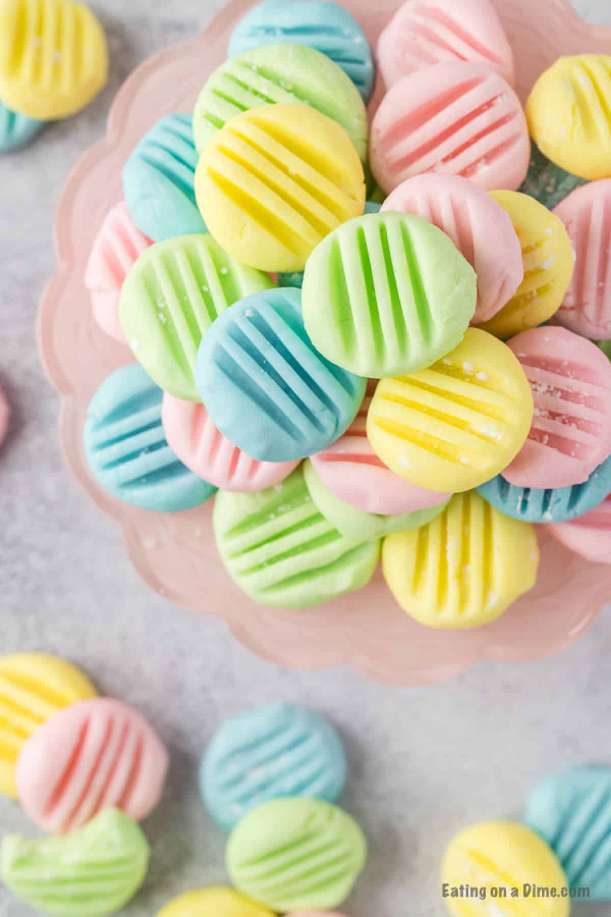 Close up image cream cheese mints stacked