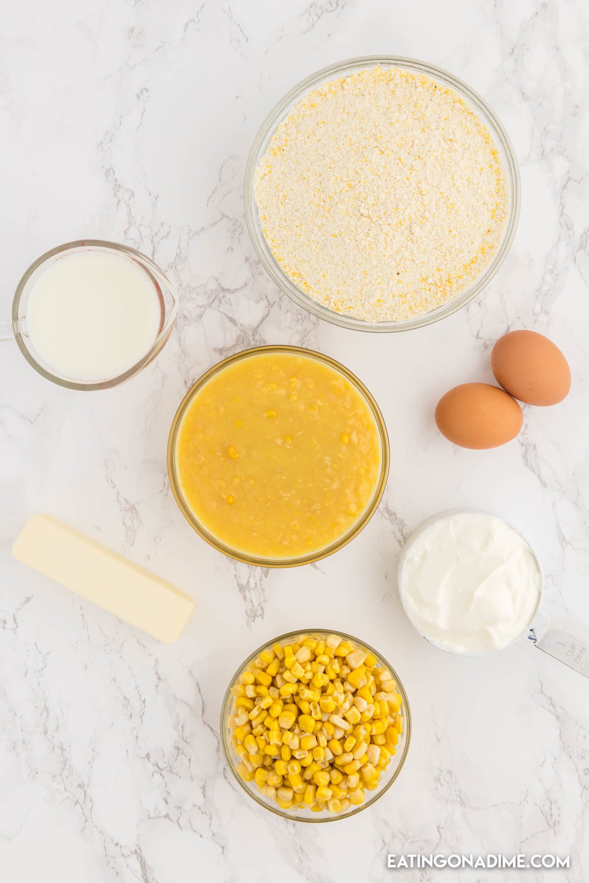 Ingredients needed - cornbread mix, cream style sweet corn, canned corn, salted butter, eggs, milk, sour cream