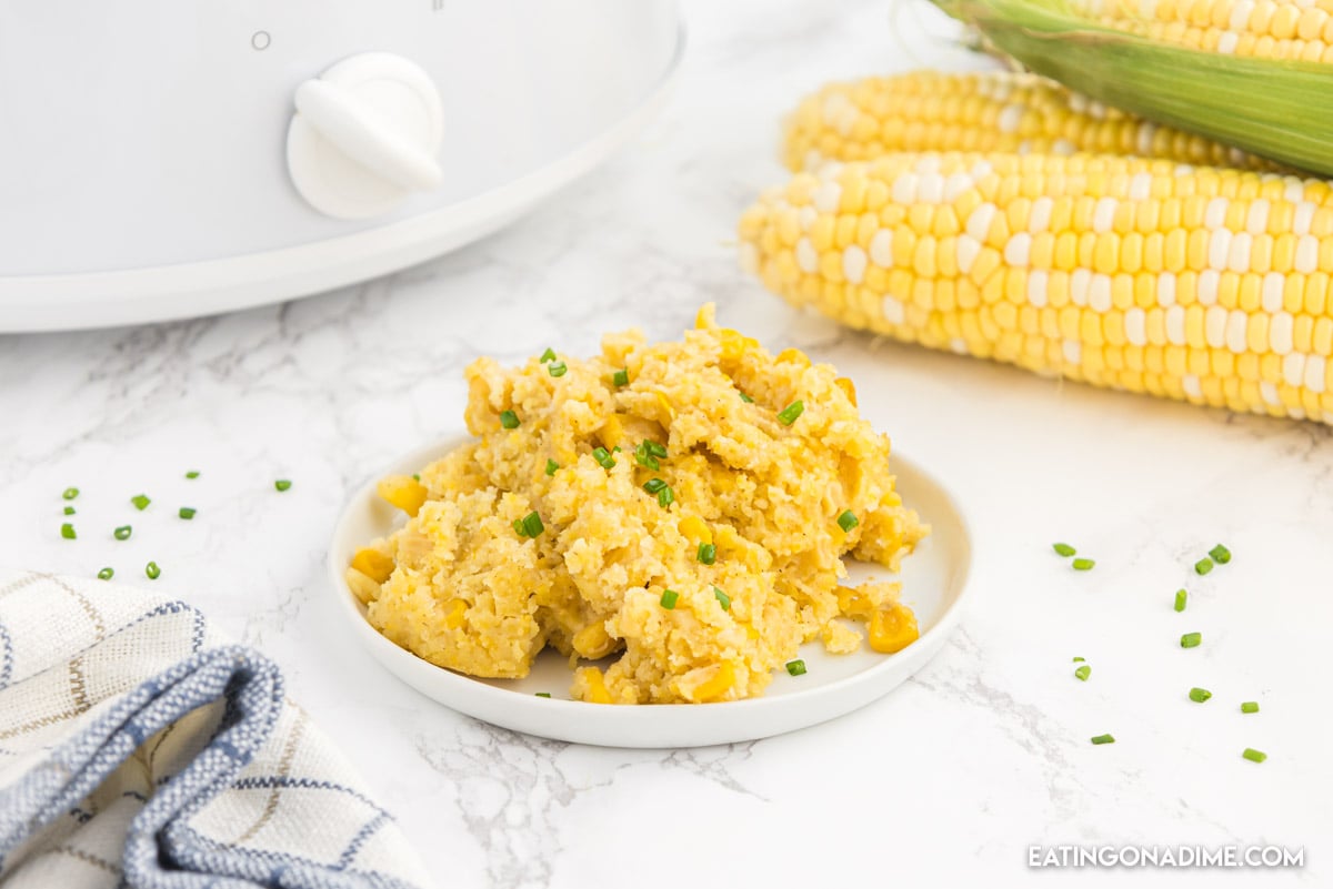 Corn casserole on a white plate