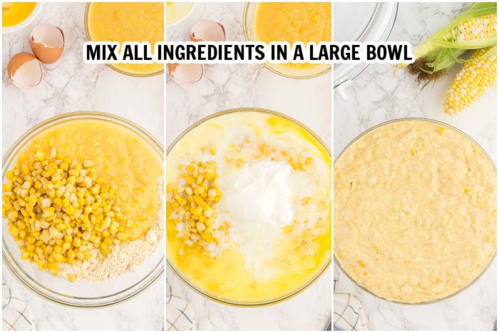 Mixing the ingredient together for corn casserole in a bowl