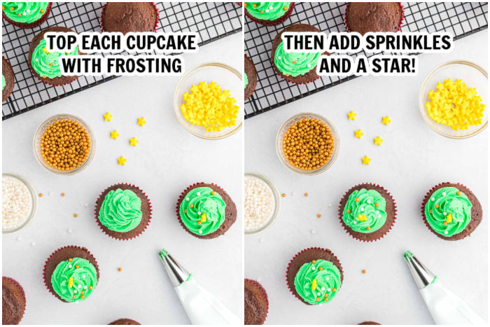 The process of adding the frosting and decorating the cupcakes