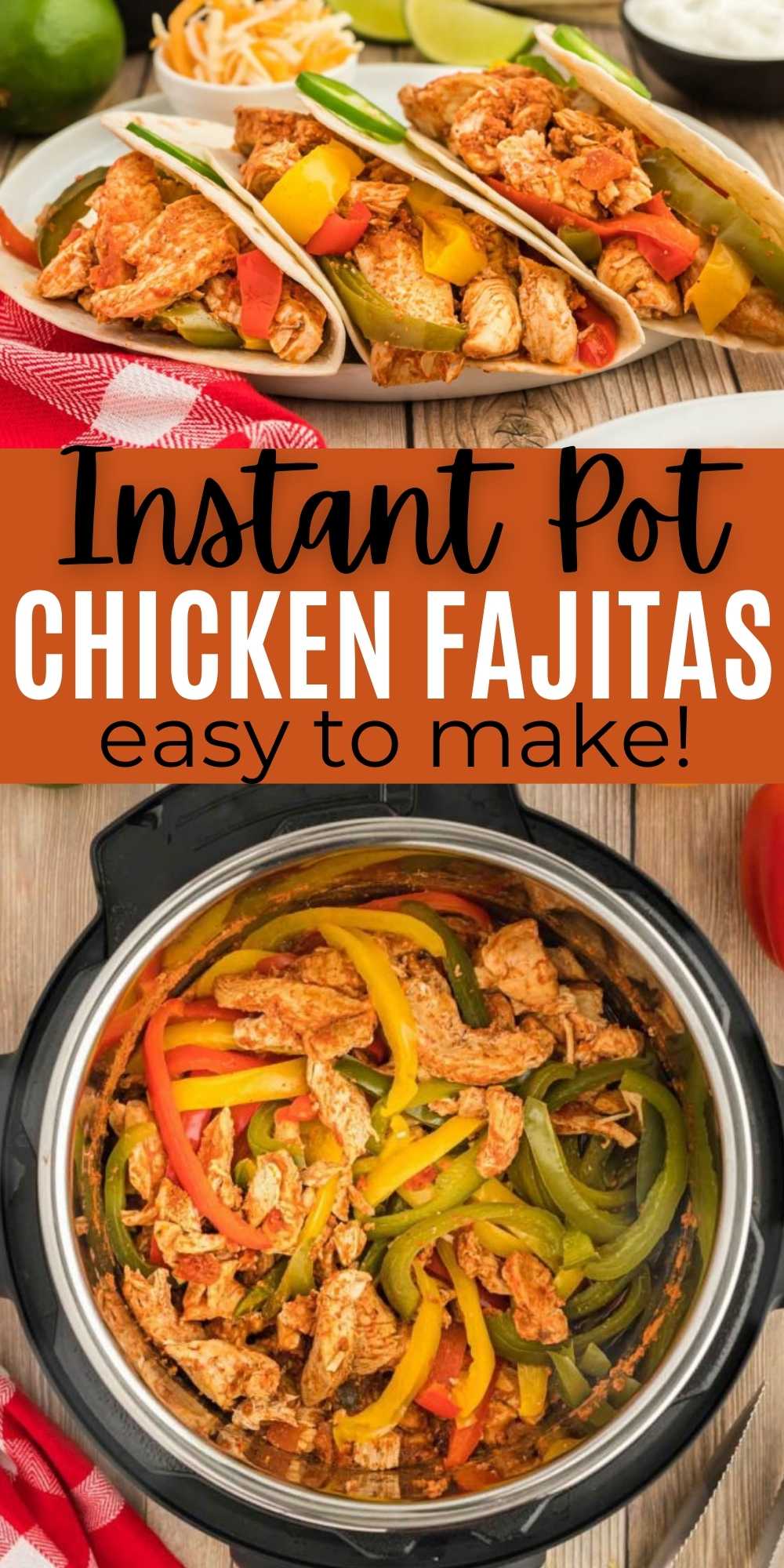 Enjoy fajitas any day of the week when you make Instant Pot Chicken Fajitas Recipe in minutes. Chicken and Veggies makes these fajitas easy. Simple ingredients is all you need to make these delicious fajitas. #eatingonadime #chickenfajitas #instantpotrecipes