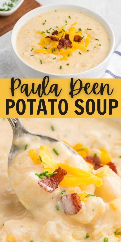 Paula Deen Potato Soup Recipe is creamy and delicious. It is the best comfort food and even better with cheese and bacon on top. Easy crock pot recipe. #eatingonadime #pauladeenpotatosoup #copycatrecipe