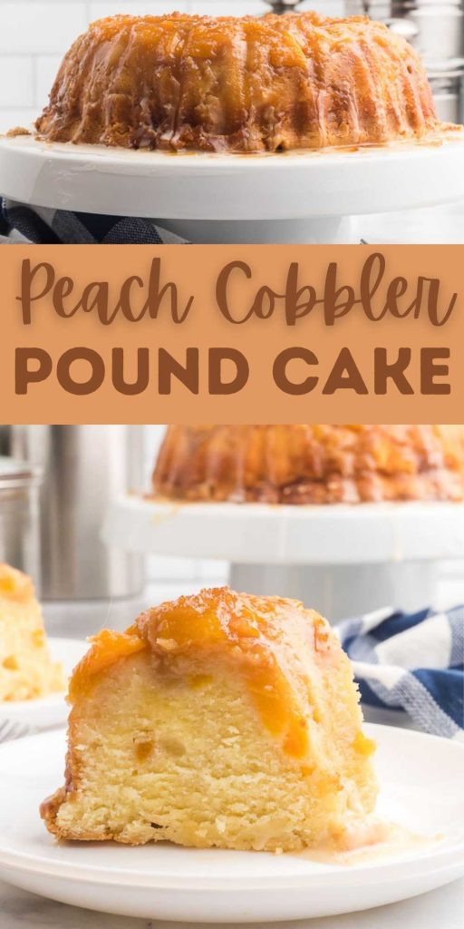 Peach Cobbler Pound Cake is a soft and decadent cake that is baked to perfection. This pound cake is layered with peaches and an easy glaze. Easy to make and is so beautiful. #eatingonadime #peachcobbler #poundcake