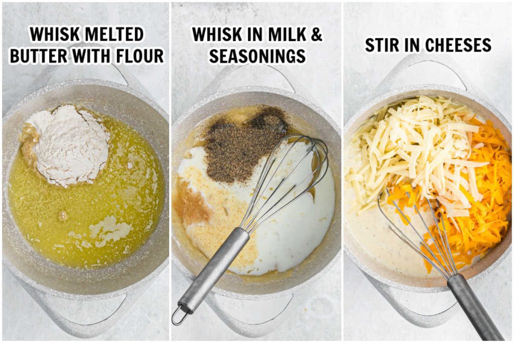 the process of melting the butter and cheeses together
