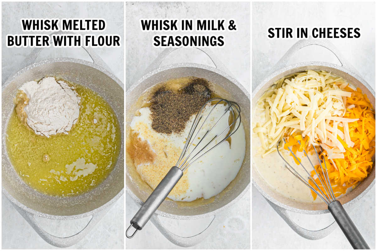 the process of melting the butter and cheeses together