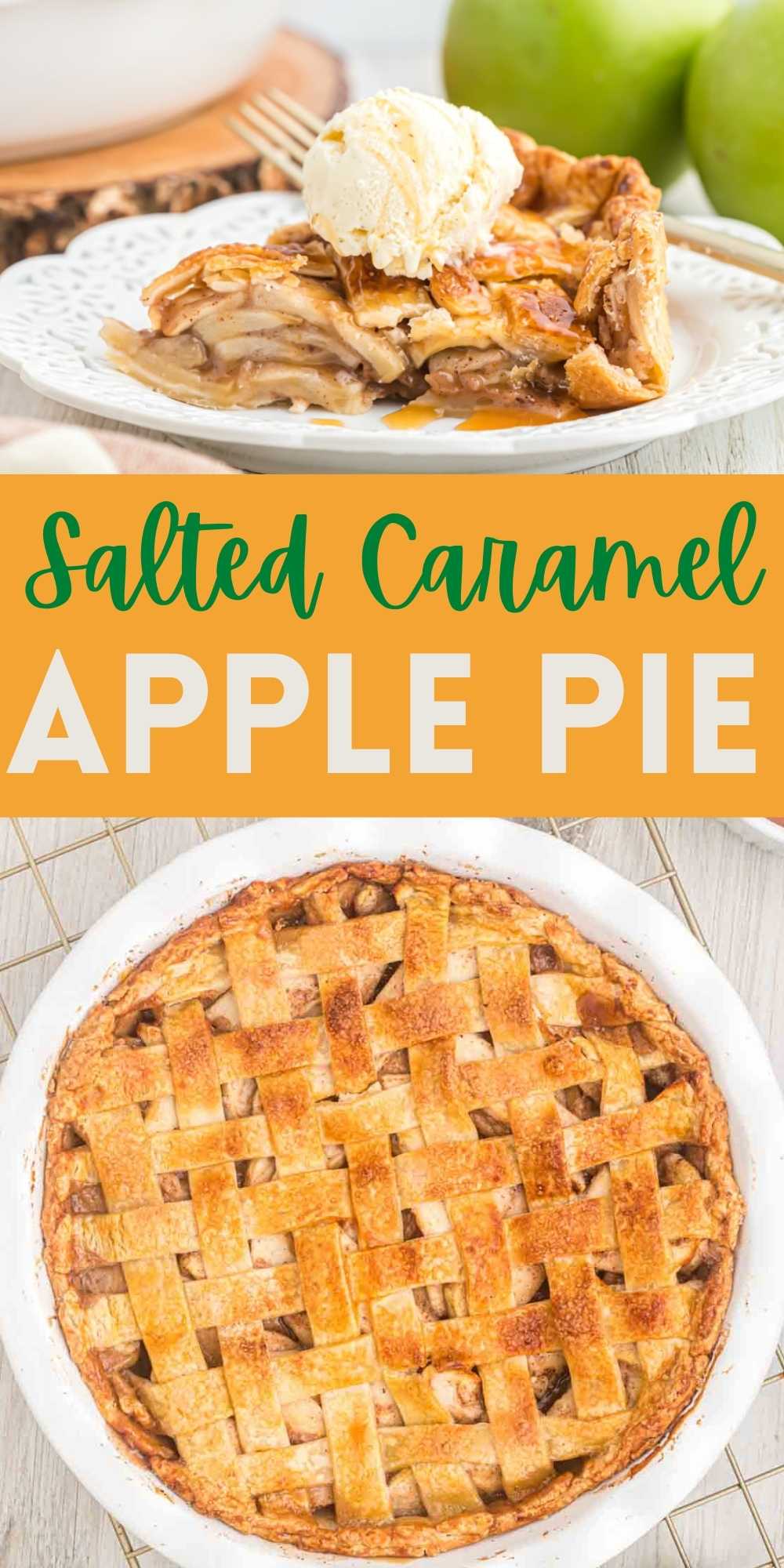 Salted Caramel Apple Pie combines the flavors of fall. The salted caramel with the tart apples all in a flaky pie crust makes the best pie recipe. #eatingonadime #pierecipe #fall #saltedcaramelapplepie