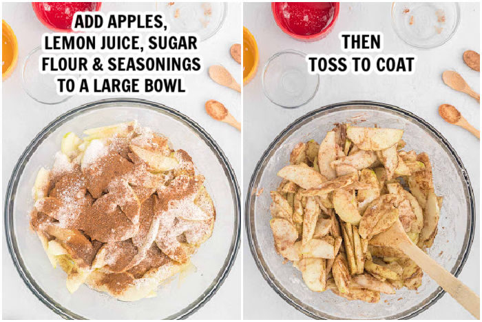 The process of mixing the apple pie filling