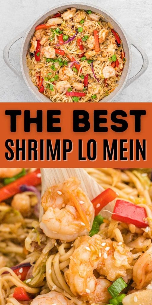 Tender shrimp, vegetables and noodles make this Shrimp Lo Mein so flavorful. This homemade stir fry recipe is easy to make with a simple homemade sauce. #eatingonadime #shrimplomein #homemadechinesefood