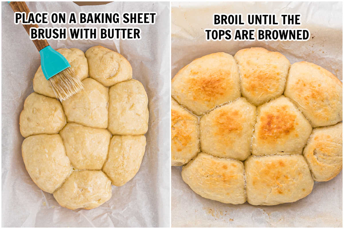 The process of buttering the tops of finished cooking dinner rolls