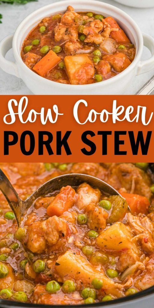 This Slow Cooker Pork Stew is loaded with pork and vegetables. It is cooked in a flavorful broth in the slow cooker to make an easy meal. Meat Recipes in the Crock Pot make dinner time easy. #eatingonadime #porkstew #crockpotrecipes 
