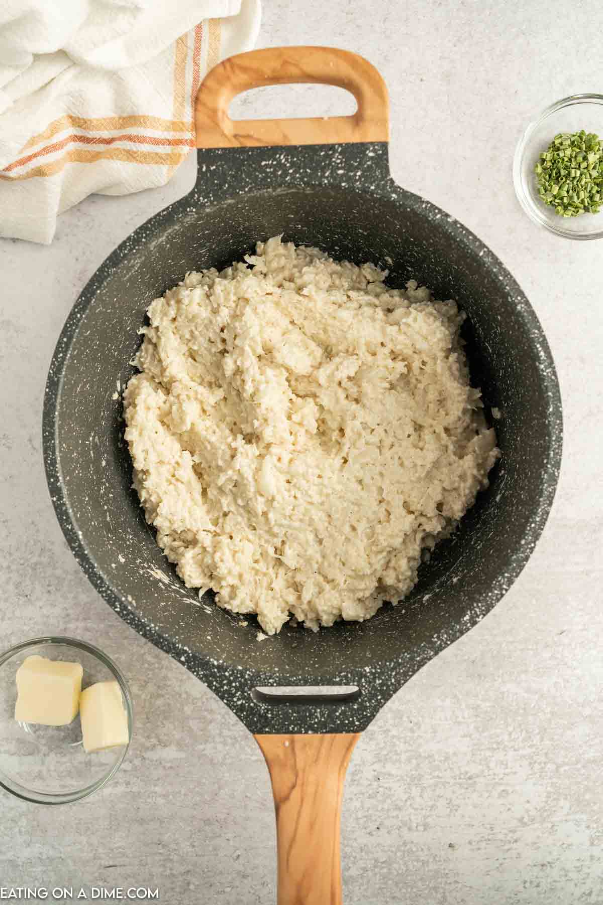 Mashed cauliflower in a sauce pan