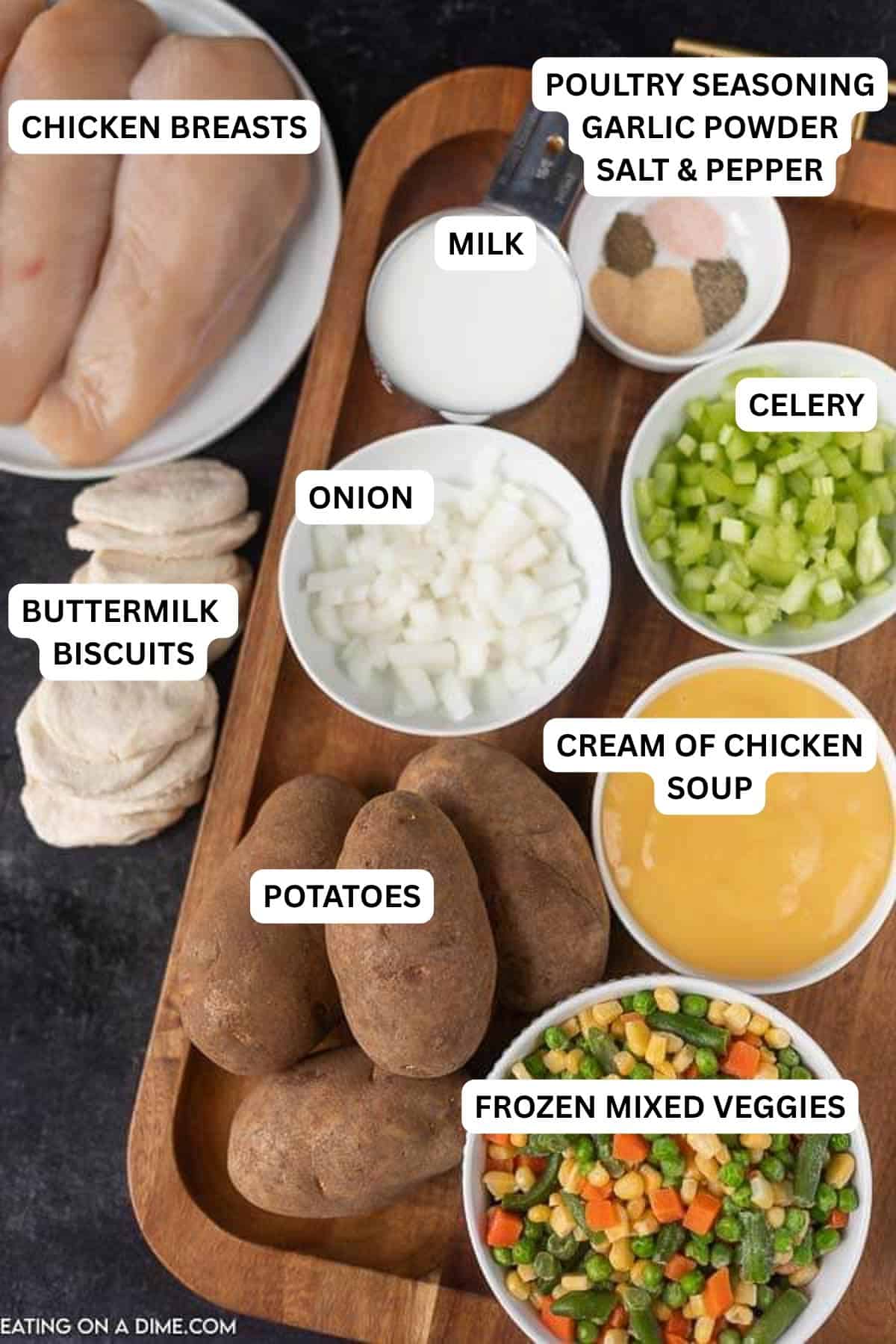 The Best Crock pot Chicken Pot Pie Recipe. You are going to love this easy chicken pot pie recipe. It is our favorite crock pot recipe! Ingredients for recipe - chicken breasts, cream of chicken soup, milk, onion, potatoes, frozen vegetables, celery, salt and pepper, garlic powder, poultry seasoning.