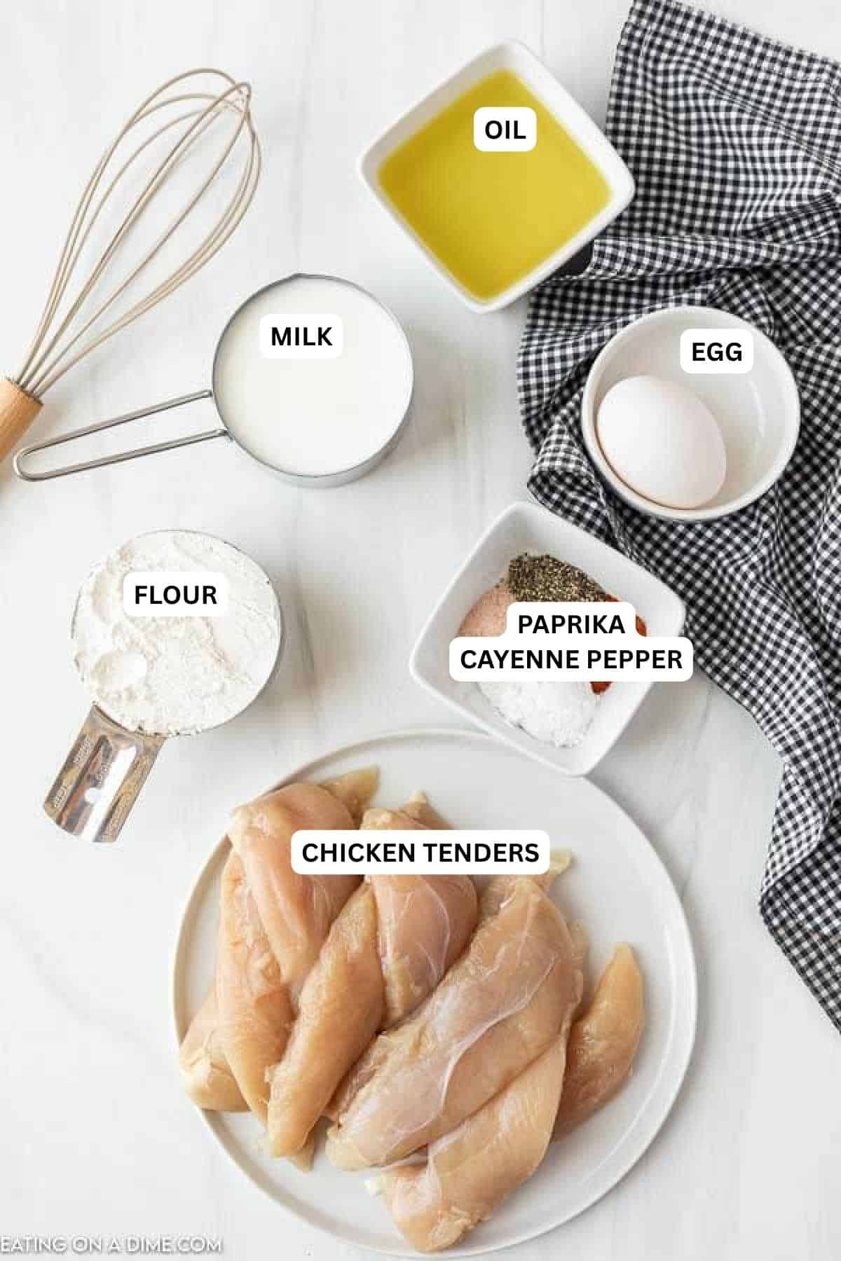 Ingredients for recipe: oil, milk, egg, flour, paprika, cayenne pepper and chicken tenders.